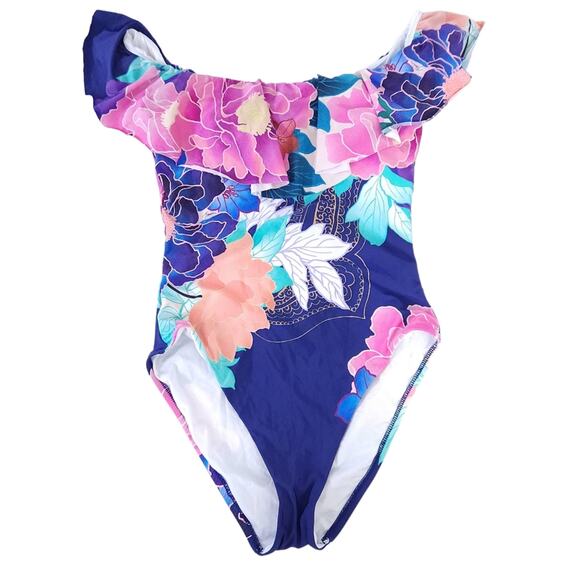 Trina Turk One Piece Swimsuit Size 10 Bright Tropical Floral Off Shoulder - Picture 1 of 5